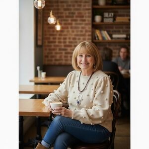 ASTR Cream Sweater with Pom Pom Details, chunky textured puff sleeves xs